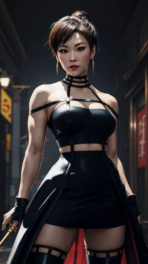 Chun Li, schöne Frau, sexy Frau, perfekte Brust, ((Halber Körper)), (Betrachter betrachten:1.1), Nachtstraße, von Conor Harrington, Schwarzes Kleid, schwarze halterlose Strümpfe, schwarze Handschuhe