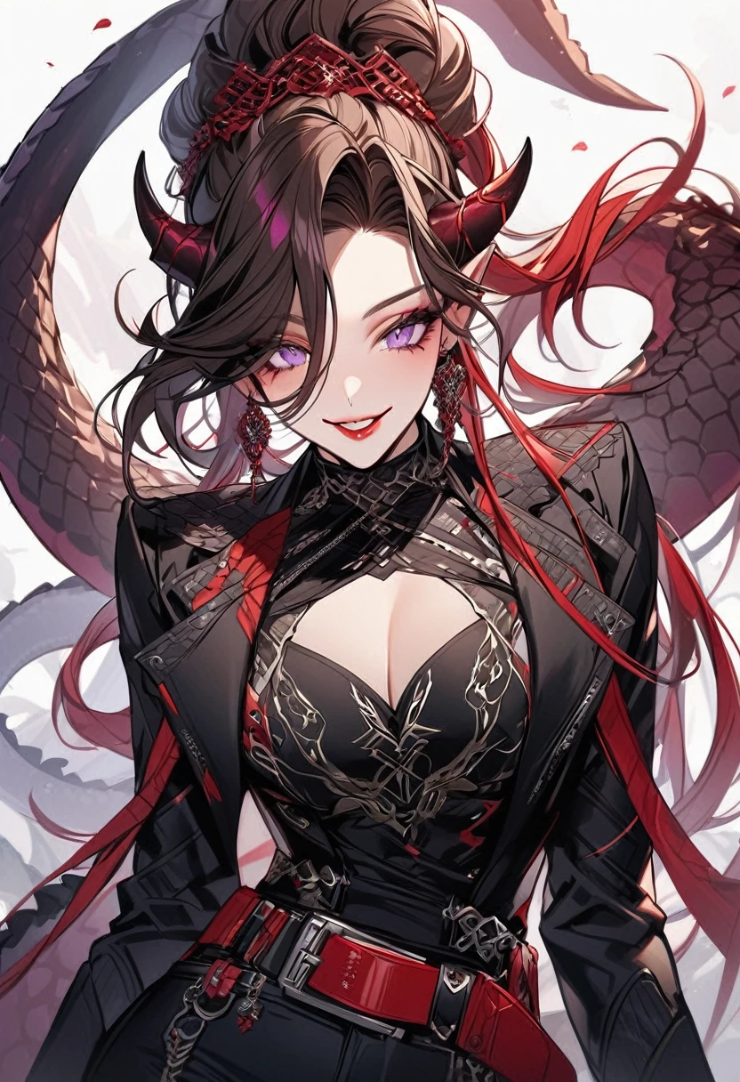 Tall woman, cheeky smile, brunette, hair gathered in a low bun, strands on the sides of face, red and black clothes with open chest, purple eyes, dragon tail and horns, belts, pants, many details, light lipstick