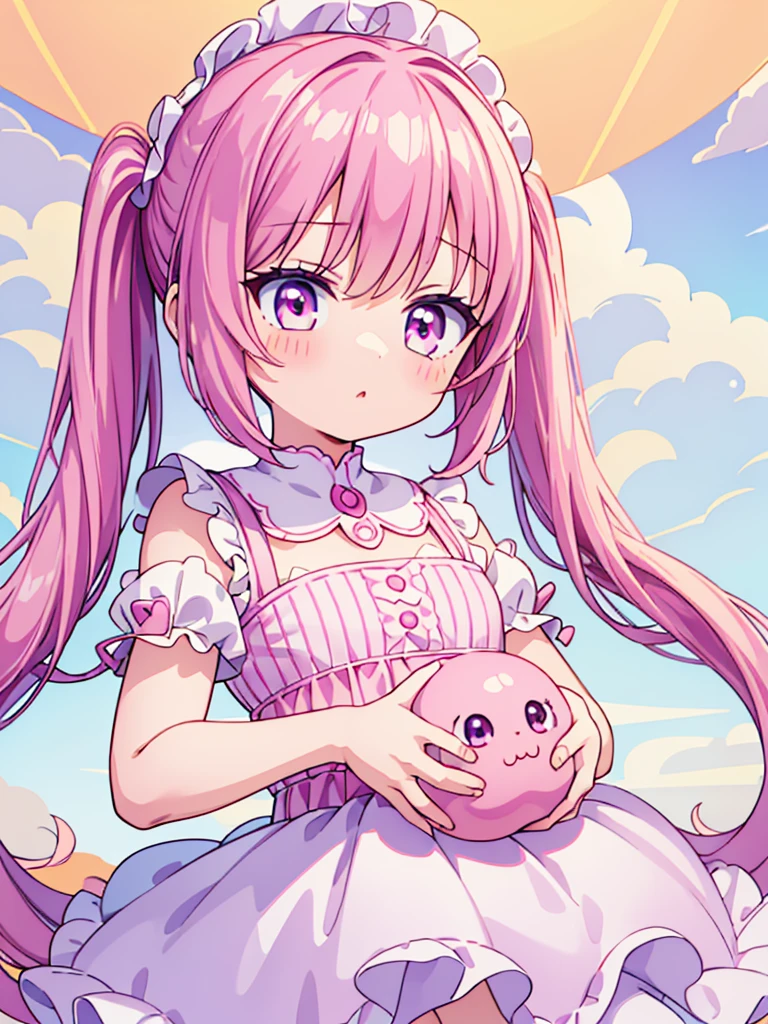 High resolution, extremely detailed, masterpiece, 1girl, long pink pigtails, pink eyes, round face, extremely adorable, premature body, small, short, very cute race, big eyes, ultra cute