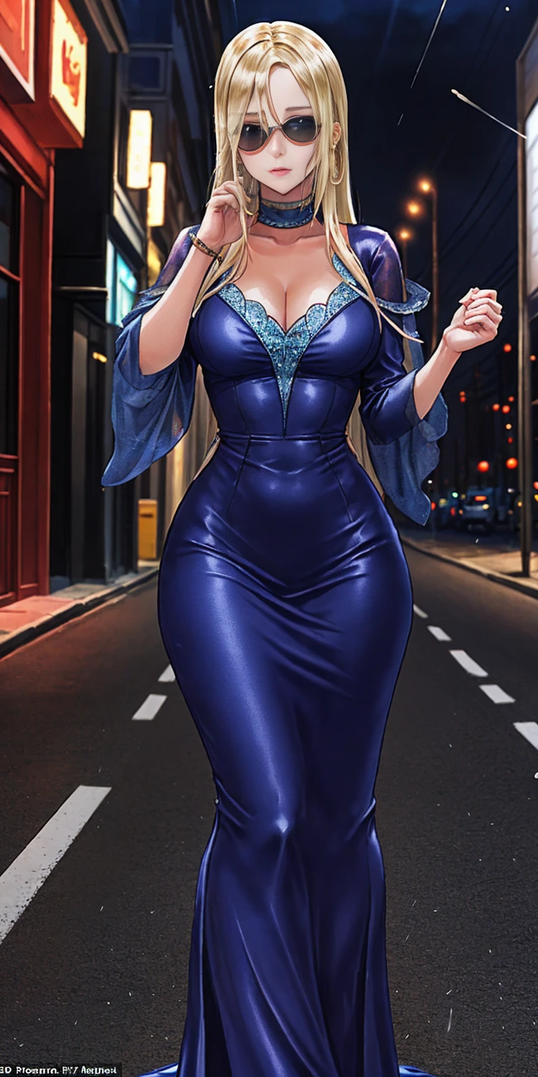 Setting: Atmospheric Street Background (Think bustling city street at night with neon lights and rain, a foggy alleyway, or a deserted highway at dusk) - Choose the specific atmosphere you desire. Character: Appearance: Ultra Quality - High level of detail and realism Shiny Skin - Glowing and healthy Long wet Hair - Flowing down the back Narrowed Eyes - Focused and intense expression (sharp or piercing) Attire: Long Dress - Elegant and flowing Pose: Fingers Crossed - A gesture hinting at hope, nervousness, or even making a wish. Accessories: Sunglasses - Adding a touch of mystery or coolness (consider the style of sunglasses to match the overall mood) Additional Notes: Consider adding details about the character's posture (standing tall, leaning against a wall, etc.) to enhance the scene. The quality of the image is 8K or Cinematic 