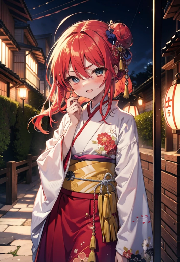 Shana,灼眼のShana,Long Hair, Red hair,Red eyes,Ahoge,smile,blush,Open your mouth,Hair Bun, single Hair Bun,blush,Red Kimono,Thick sleeves,Red long skirt,日本のfestival,夏festivalの屋台,Red lantern,So that the whole body goes into the illustration,Walking,　　　　　　　　　　　  break looking at viewer, Upper Body (Cowboy Shot:1. 5),  　　　　　　　　　　　　　　　　　　break outdoors, shrine,festival, 　　　　　　　　　　　　　break (masterpiece:1.2), Highest quality, High resolution, unity 8k wallpaper, (shape:0.8), (Beautiful and beautiful eyes:1.6), Highly detailed face, Perfect lighting, Highly detailed CG, (Perfect hands, Perfect Anatomy),