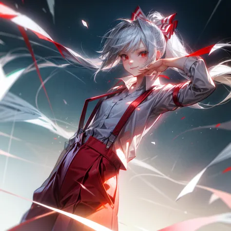 white hair,ponytail,red eyes,red bow,white shirt,red pants with suspenders,smile,,big hips