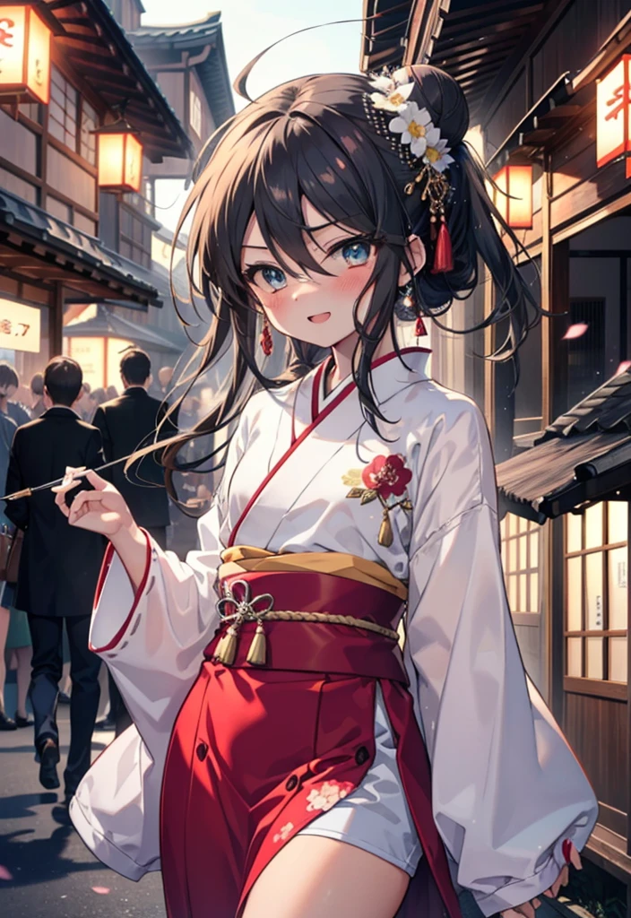 Shana,灼眼のShana,Long Hair, Red hair,Red eyes,Ahoge,smile,blush,Open your mouth,Hair Bun, single Hair Bun,blush,Red Kimono,Thick sleeves,Red long skirt,日本のfestival,夏festivalの屋台,Red lantern,So that the whole body goes into the illustration,Walking,　　　　　　　　　　　  break looking at viewer, Upper Body (Cowboy Shot:1. 5),  　　　　　　　　　　　　　　　　　　break outdoors, shrine,festival, 　　　　　　　　　　　　　break (masterpiece:1.2), Highest quality, High resolution, unity 8k wallpaper, (shape:0.8), (Beautiful and beautiful eyes:1.6), Highly detailed face, Perfect lighting, Highly detailed CG, (Perfect hands, Perfect Anatomy),