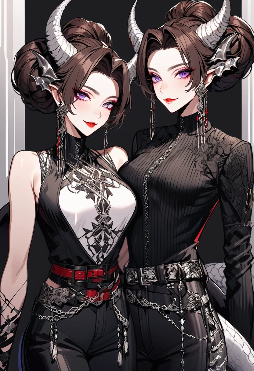 Tall woman, cheeky smile, brunette, hair gathered in a low bun, strands on the sides of face, red and black clothes with open chest, purple eyes, dragon tail and horns, belts, pants, many details, light lipstick