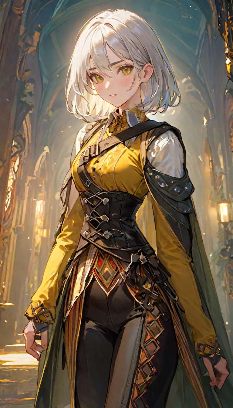 (white hair), multicolor patterned clothing, colorful clothing, female adventurer, game art style, (masterpiece 1:5),  colorful clothing 1:2, elf ears, bob cut, silver hair, skinny, , yellow eyes, scarves, leather belts, half skirt over pants and boots, flowing blouse and leather corset, best quality, highres, 4k, 8k, Detailed Illustration, intricate detail, cinematic lighting, amazing quality, 1girl, fit female, amazing shading, soft lighting, facing camera, perfect eyes