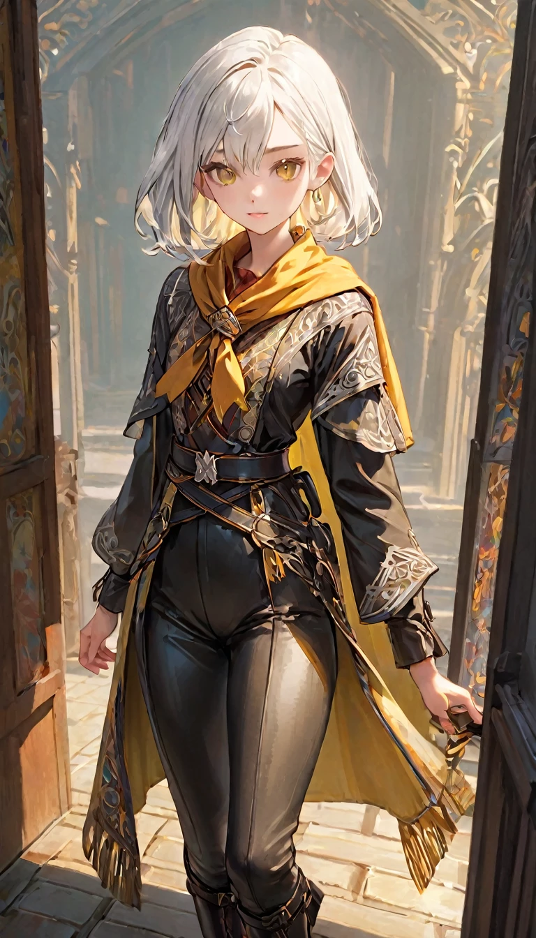 (white hair), multicolor patterned clothing, colorful clothing, female adventurer, game art style, (masterpiece 1:5),  colorful clothing 1:2, elf ears, bob cut, silver hair, skinny, , yellow eyes, scarves, leather belts, half skirt over pants and boots, flowing blouse and leather corset, best quality, highres, 4k, 8k, Detailed Illustration, intricate detail, cinematic lighting, amazing quality, 1girl, fit female, amazing shading, soft lighting, facing camera, perfect eyes