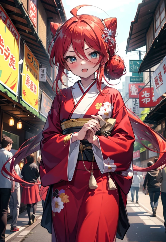 Shana,灼眼のShana,Long Hair, Red hair,Red eyes,Ahoge,smile,blush,Open your mouth,Hair Bun, single Hair Bun,blush,Red Kimono,Thick sleeves,Red long skirt,日本のfestival,夏festivalの屋台,Red lantern,night,So that the whole body goes into the illustration,Walking,　　　　　　　　　　　  break looking at viewer, Upper Body (Cowboy Shot:1. 5),  　　　　　　　　　　　　　　　　　　break outdoors, shrine,festival, 　　　　　　　　　　　　　break (masterpiece:1.2), Highest quality, High resolution, unity 8k wallpaper, (shape:0.8), (Beautiful and beautiful eyes:1.6), Highly detailed face, Perfect lighting, Highly detailed CG, (Perfect hands, Perfect Anatomy),