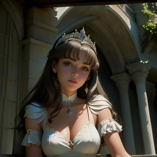 A photorealistic front facing picture of 1 young brunette female princess igrayne in a lowcut white dress is leaning over a balcony with a haughty expression, in the film excalibur 1 9 8 0, actress, still from a fantasy movie, 1968 movie