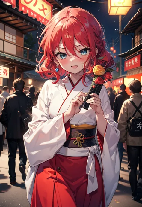 Shana,灼眼のShana,Long Hair, Red hair,Red eyes,Ahoge,smile,blush,Open your mouth,hair tied back,blush,Red Kimono,Thick sleeves,Red ...