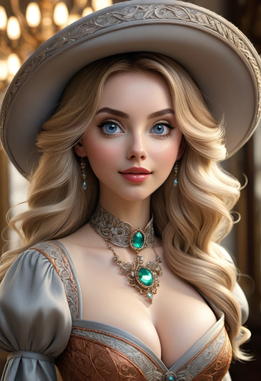 extremely beautiful, female victorian long blonde hair, perky breasts, cleavage, ornate choker made from copper wires. Dickensian dress made of woven copper wires. Big victorian ladies hat woven from silver ,Wide Smile, Eyes Detailed & Wide, sexy Pose. Ultra HD, Rococo-Inspired Fantasy Art With Intricate Details. Cute, Charming Expression, Alluring-Gaze, looking at viewer Beautiful Eyes, An-Ideal-Figure. Large Youthful Well-Shaped-Breasts, . Massive-Round-Bosom, Décolletage. slim waist, fit body, full lipsWarm lights, sexy shots, attractive poses, Stunningly beautiful merge of , Alison Brie, Scarlett Johanson, Dove Cameron. symmetrical face, photorealistic, photography, path tracing, specular lighting, volumetric face light, path traced hairmaximum quality{(masutepiece) (8K High Resolution) (top-quality) Woven copper, bronze and silver covering her body in ornate designs.
