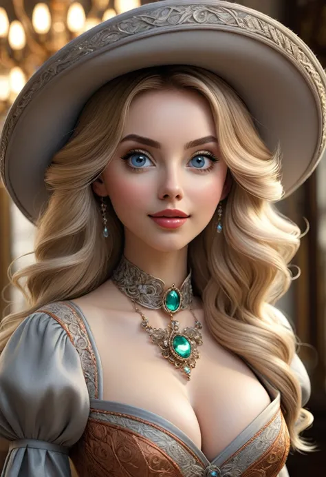 extremely beautiful, female victorian long blonde hair, perky breasts, cleavage, ornate choker made from copper wires. Dickensia...