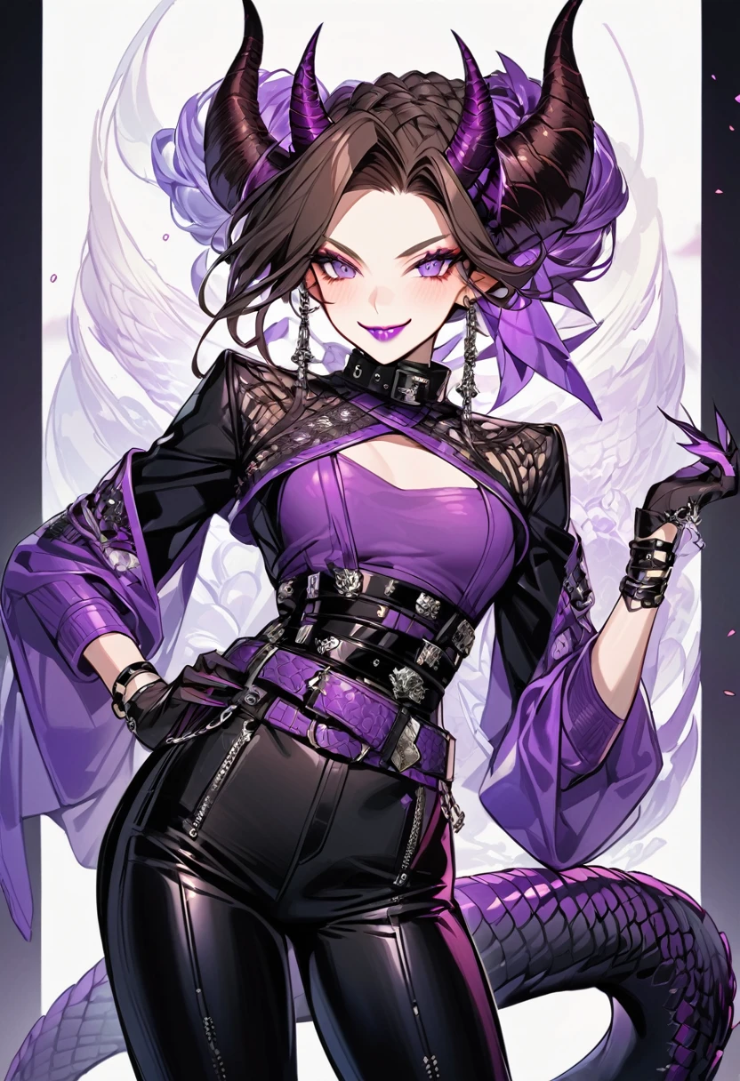 Tall woman, cheeky mad smile, brunette, hair gathered in a low bun, red and black tight clothes with open chest, purple eyes, dragon tail and horns, belts, pants, many details, light lipstick