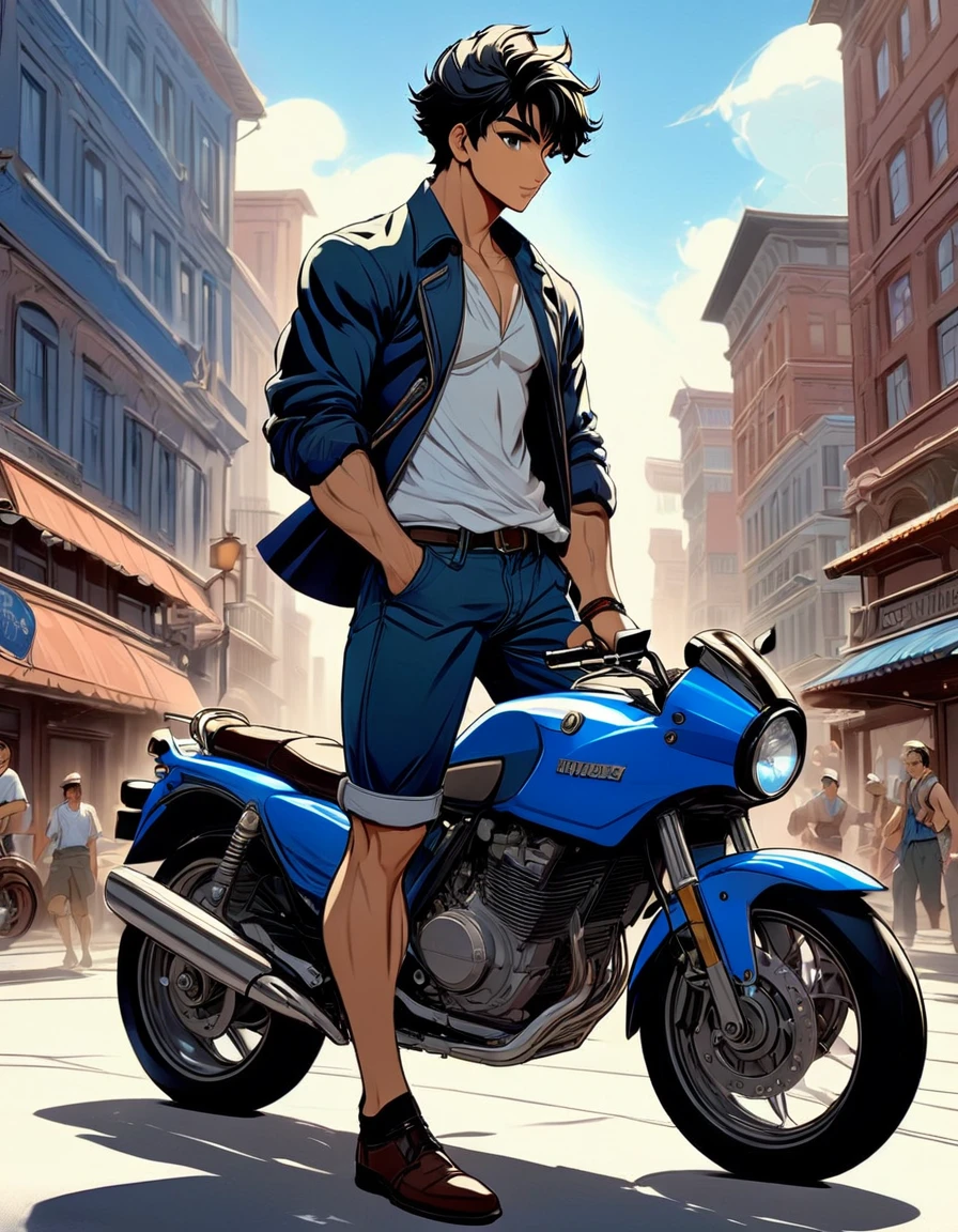 anime+yaoi+hentai style, hentai style colors palette , simetryc composition,  ultradetailed art style, oil painting, fullbody, perfect compositicion,  perfect anatomy, wearing small litle shorts, dramatic, natural lighting, a young gorgeous, handsome, tall, perfect feet, latino ,  detailed realistic muscles, simetryc body,  he is  ridding  a blue motorcycle and holding a sword , carring  a multicolor back bag,   in a downtown  scenario