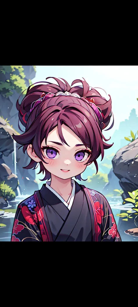 a boy with brown hair, boy with purple eyes, purple streaks in his hair, white kimono with red tips, smiling face, demon slayer,...