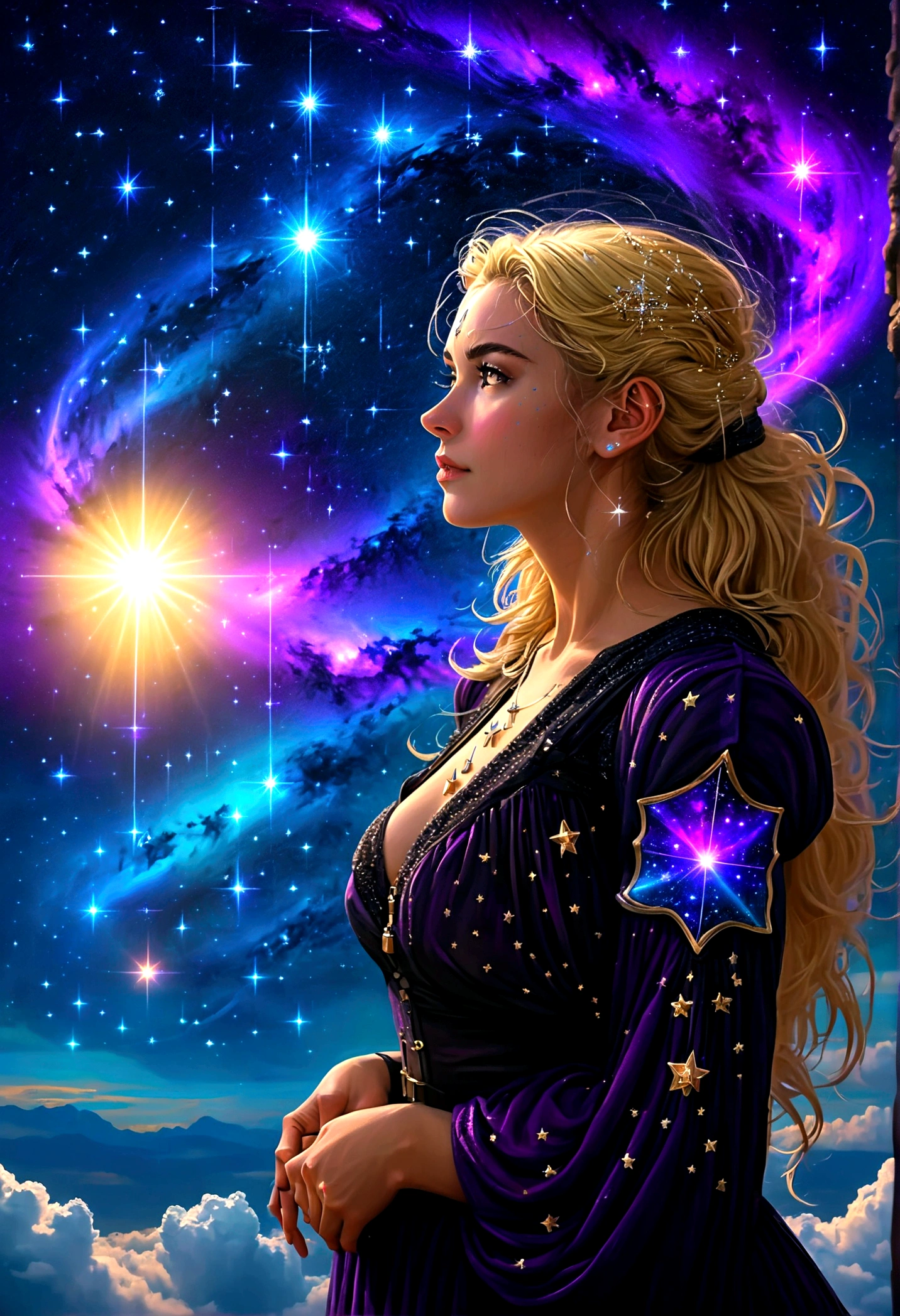 um retrato de um astrólogo olhando para o céu na constelação de libra no céu noturno, uma mulher extraordinariamente linda, há magia em seus olhos adivinhando o futuro a partir da constelação de Libra, cabelo loiro, estilo de cabelo dinâmico, (melhor rosto detalhado: 1.5), usando um intrincado vestido roxo escuro decorado com estrelas brilhantes, ela olha para o céu noturno vendo o ((Constelação de Libra no céu: 1.5)), vibrante, Resolução ultra-alta, Alto contraste, (obra de arte:1.5), mais alta qualidade, melhor estética), melhores detalhes, melhor qualidade, alta resolução, 16k, [ultra detalhado], obra de arte, melhor qualidade, (extremamente detalhado), Filme cinematográfico de Hollywood, céu mágico, 