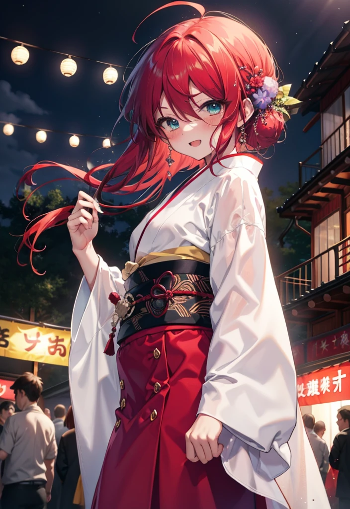 Shana,灼眼のShana,Long Hair, Red hair,Red eyes,Ahoge,smile,blush,Open your mouth,hair tied back,blush,Red Kimono,Thick sleeves,Red long skirt,日本のfestival,夏festivalの屋台,Red lantern,night,So that the whole body goes into the illustration,Walking,　　　　　　　　　　　  break looking at viewer, Upper Body (Cowboy Shot:1. 5),  　　　　　　　　　　　　　　　　　　break outdoors, shrine,festival, 　　　　　　　　　　　　　break (masterpiece:1.2), Highest quality, High resolution, unity 8k wallpaper, (shape:0.8), (Beautiful and beautiful eyes:1.6), Highly detailed face, Perfect lighting, Highly detailed CG, (Perfect hands, Perfect Anatomy),