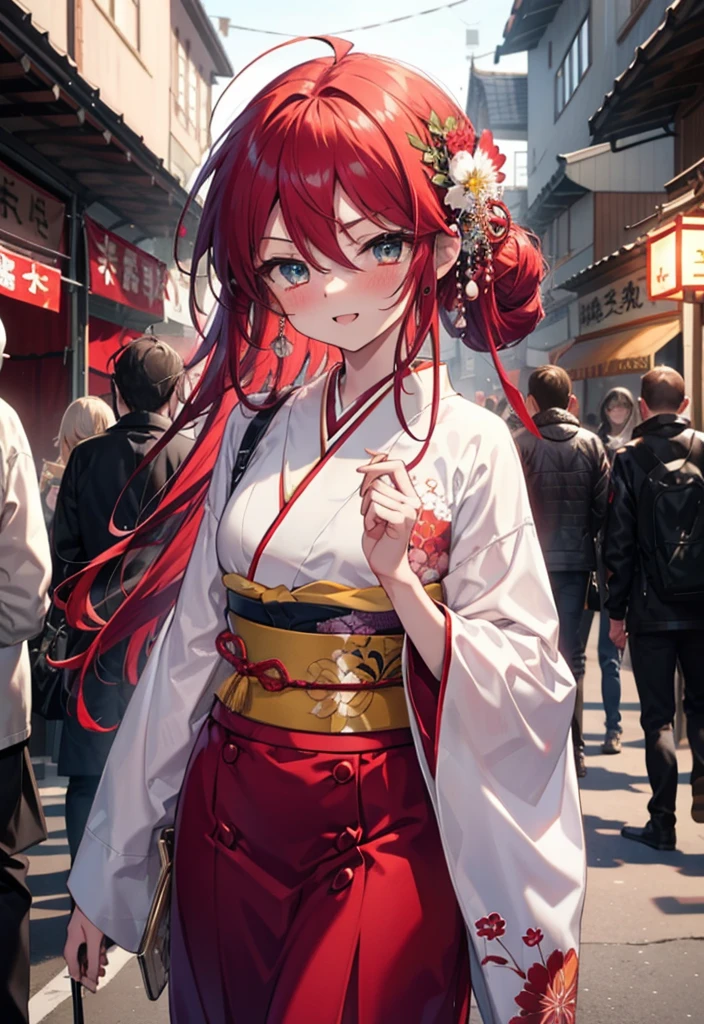 Shana,Shakugan no Shana,lange Haare, Rote Haare,rote Augen,ahoge,lächeln,erröten,Öffne deinen Mund,Haare zurückgebunden,erröten,Roter Kimono,Dicke Ärmel,roter langer Rock,日本のFestival,夏Festivalの屋台,Rote Laterne,Nacht,Damit der ganze Körper in die Abbildung eingeht,gehen,　　　　　　　　　　　  brechen looking at viewer, Oberkörper (Cowboy-Schuss:1. 5),  　　　　　　　　　　　　　　　　　　brechen outdoors, Schrein,Festival, 　　　　　　　　　　　　　brechen (Meisterwerk:1.2), höchste Qualität, Hohe Auflösung, Einheit 8k Hintergrundbild, (Form:0.8), (Schöne und schöne Augen:1.6), sehr detailliertes Gesicht, Perfekte Beleuchtung, Hochdetaillierte CG, (perfekte Hände, Perfekte Anatomie),