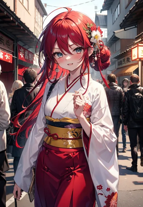 Shana,灼眼のShana,Long Hair, Red hair,Red eyes,Ahoge,smile,blush,Open your mouth,hair tied back,blush,Red Kimono,Thick sleeves,Red ...