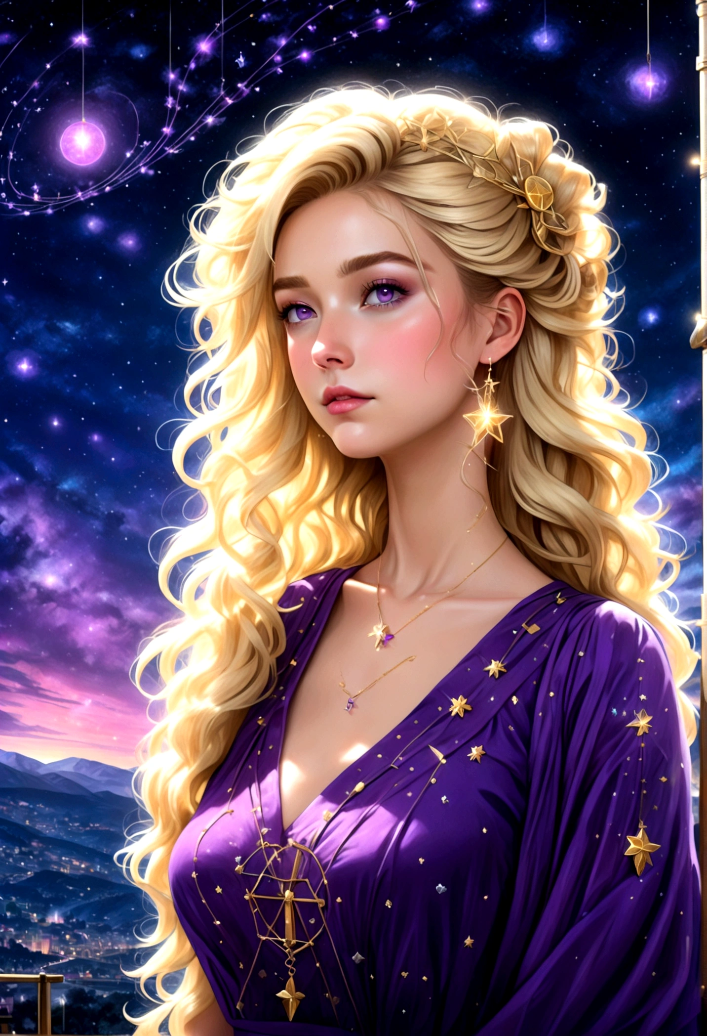 um retrato de um astrólogo olhando para o céu na constelação de libra no céu noturno, uma mulher extraordinariamente linda, há magia em seus olhos adivinhando o futuro a partir da constelação de Libra, cabelo loiro, estilo de cabelo dinâmico, (melhor rosto detalhado: 1.5), usando um intrincado vestido roxo escuro decorado com estrelas brilhantes, ela olha para o céu noturno vendo o ((Constelação de Libra no céu: 1.5)), vibrante, Resolução ultra-alta, Alto contraste, (obra de arte:1.5), mais alta qualidade, melhor estética), melhores detalhes, melhor qualidade, alta resolução, 16k, [ultra detalhado], obra de arte, melhor qualidade, (extremamente detalhado), Filme cinematográfico de Hollywood, céu mágico, FireMagicAI, romance sombrio