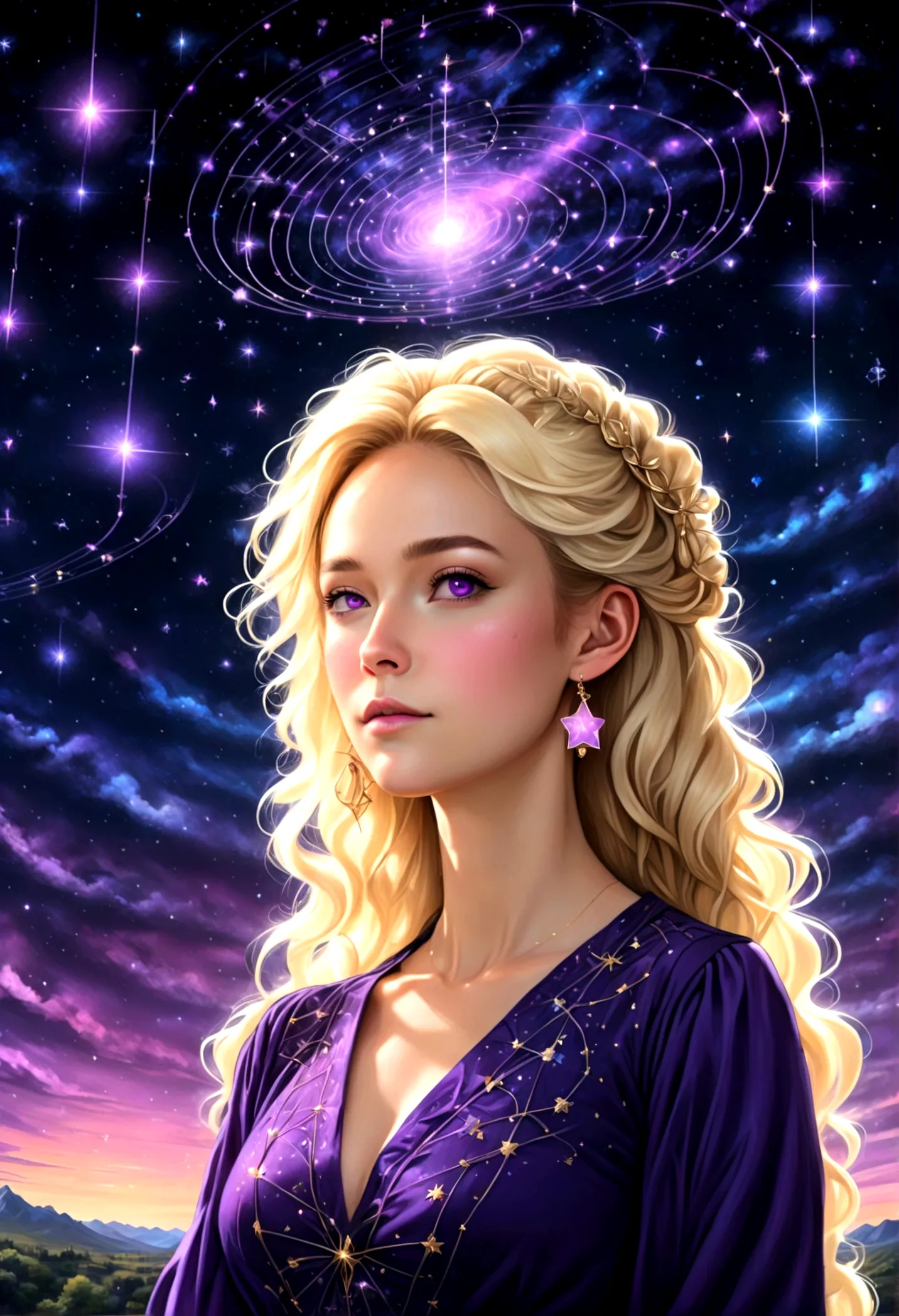 a portrait of an astrologer looking to the sky at libra constellation in the night sky, an extraordinary beautiful woman, there ...