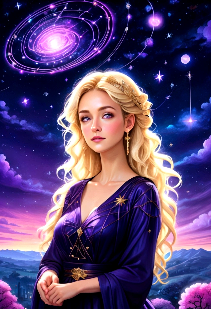 um retrato de um astrólogo olhando para o céu na constelação de libra no céu noturno, uma mulher extraordinariamente linda, há magia em seus olhos adivinhando o futuro a partir da constelação de Libra, cabelo loiro, estilo de cabelo dinâmico, (melhor rosto detalhado: 1.5), usando um intrincado vestido roxo escuro decorado com estrelas brilhantes, ela olha para o céu noturno vendo o ((Constelação de Libra no céu: 1.5)), vibrante, Resolução ultra-alta, Alto contraste, (obra de arte:1.5), mais alta qualidade, melhor estética), melhores detalhes, melhor qualidade, alta resolução, 16k, [ultra detalhado], obra de arte, melhor qualidade, (extremamente detalhado), Filme cinematográfico de Hollywood, céu mágico, FireMagicAI, romance sombrio