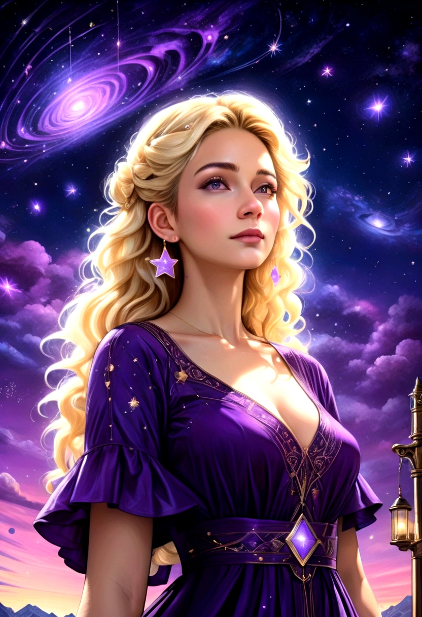 a portrait of an astrologer looking to the sky at libra constellation in the night sky, an extraordinary beautiful woman, there is magic in her eyes divining the future from the Libra constellation, blond hair, dynamic hair style, (best detailed face: 1.5), wearing an intricate dark purple dress decorated with glowing stars, she looks to the night sky seeing the ((Libra constellation in the sky: 1.5)), vibrant, Ultra-high resolution, High Contrast, (masterpiece:1.5), highest quality, Best aesthetics), best details, best quality, highres, 16k, [ultra detailed], masterpiece, best quality, (extremely detailed), Cinematic Hollywood Film, magical sky, FireMagicAI, dark novel