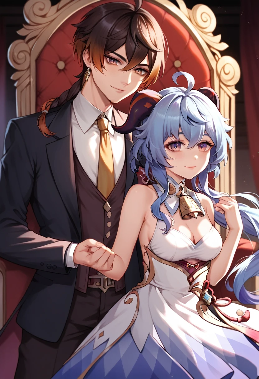 best quality, 4k, high resolution , anime girl , anime boy, young boy, tall boy, young girl, 24 years old, bangs, long hair, cute face, little smile, perfect shot, perfect anatomy, detailed face, detailed eyes, throne background  , 1girl, 1boy, realistic, 4k , masterpiece , ilustration, digital art, mid body, ganyu, standing , ganyu dancing with zhongli, 1boy single , braid, dance , dancing, close up, zhongli, genshin impact