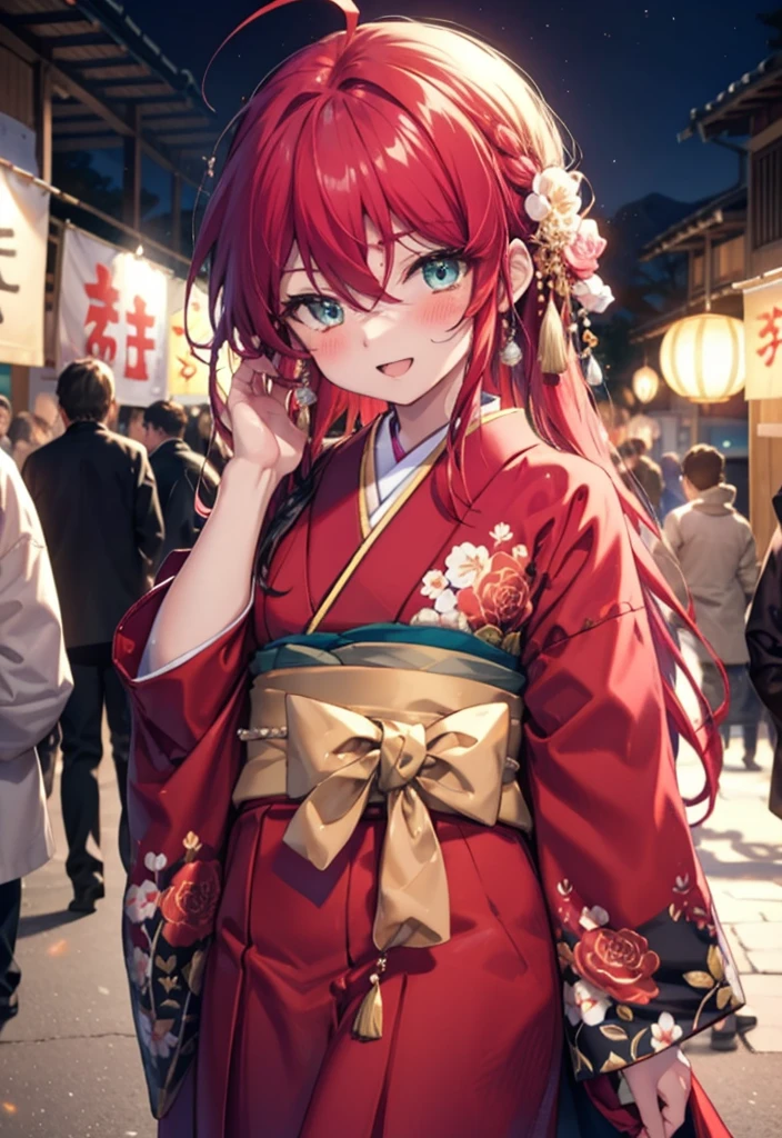 Shana,灼眼のShana,Long Hair, Red hair,Red eyes,Ahoge,smile,blush,Open your mouth,hair tied back,blush,Red Kimono,Thick sleeves,Red long skirt,日本のfestival,夏festivalの屋台,Red lantern,night,So that the whole body goes into the illustration,Walking,　　　　　　　　　　　  break looking at viewer, Upper Body (Cowboy Shot:1. 5),  　　　　　　　　　　　　　　　　　　break outdoors, shrine,festival, 　　　　　　　　　　　　　break (masterpiece:1.2), Highest quality, High resolution, unity 8k wallpaper, (shape:0.8), (Beautiful and beautiful eyes:1.6), Highly detailed face, Perfect lighting, Highly detailed CG, (Perfect hands, Perfect Anatomy),