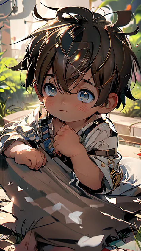 chibi  anime boy 4 years  laying on the ground with his head on his hands, cute anime, menino anime, cabelo loiro olhos azuis, o...