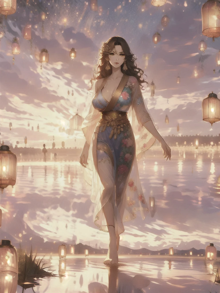 UHD, textured skin, high detail, anatomically correct, SOLO, 1 female, Xian mei, unique golden eyes, long red curly hair, jewelry, round, big breasts, perfect anatomy, walking by the lake, clear water nude, nude, sexy, hot , stars at night, shooting stars, wonderful sky, dear night sky,