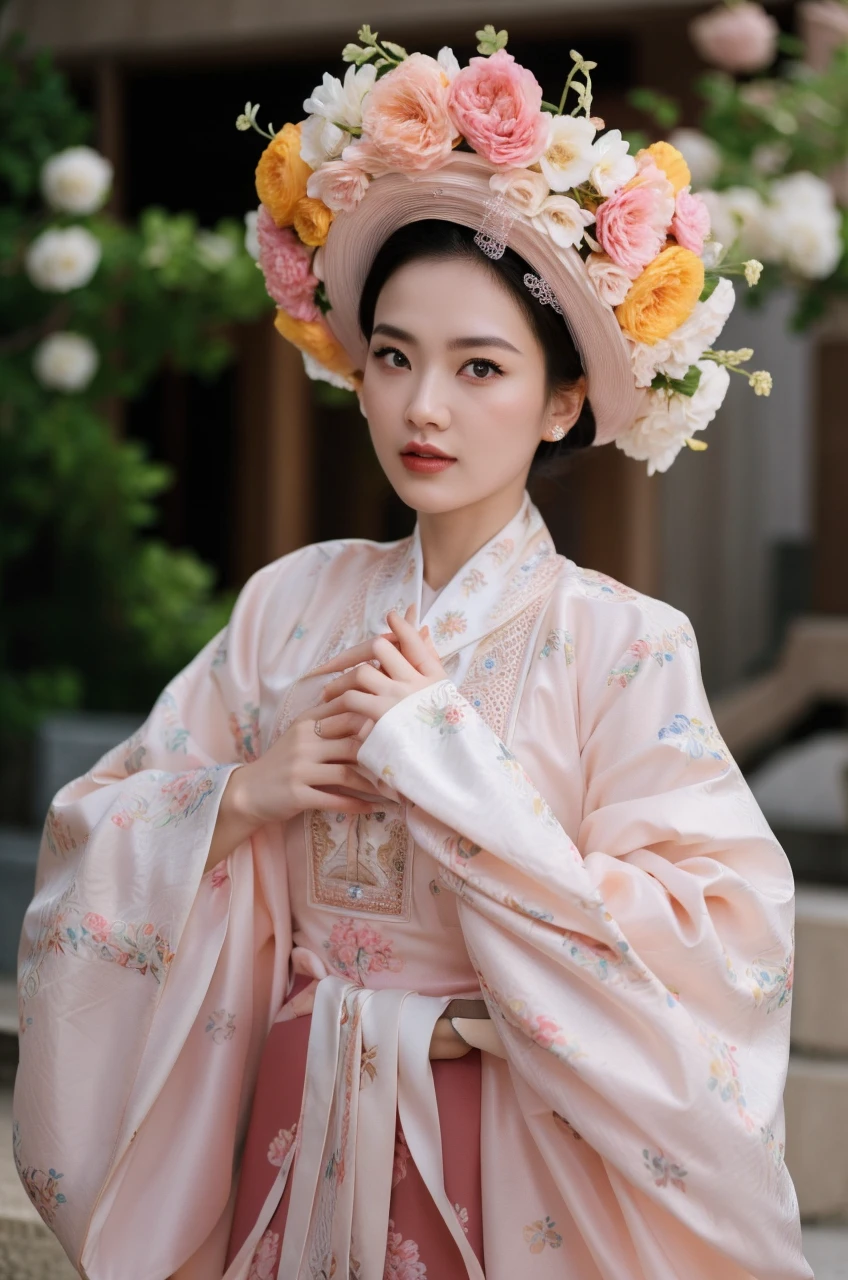 A young woman, detailed face, elegant traditional Asian attire, long straight black hair with slight wave, elaborate colorful floral headdress with pink, yellow, white, and purple flowers, large and full headdress covering top of head and framing face beautifully, traditional pink and white embroidered gown, (best quality,4k,8k,highres,masterpiece:1.2),ultra-detailed,(realistic,photorealistic,photo-realistic:1.37),intricate details,highly ornate,cinematic lighting,warm color tones,cinematic dramatic lighting