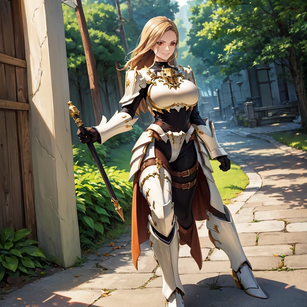 a woman wearing very heavy white armor with gold trim, wearing a dark brown hunting suit, squeezing, long beige hair, orange eyes, smiling, big breasts, in a fantasy forest, walking on a concrete walkway, holding a shield,HDR, masterpiece, well defined, ultra resolution, high quality, 8k HD. (just a woman, solo)
