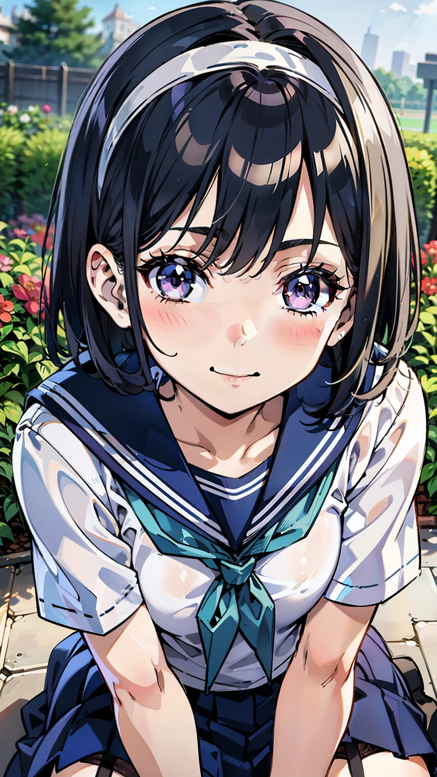 sailor uniform, One Woman, (A beauty woman, Delicate high school girl:1.3), 8K, highest quality, masterpiece, Very detailed, Ultra-high resolution, Realistic, RAW Photos, Absolute Resolution, Black Hair, Bobcut, Small face compared to body, Very small face, Black Hair, ((Navy blue sailor suit)), Navy Blue Skirt, High school girl in sailor suit, 2D Rendering of Anime, ((White headband)), Small breasts, tall, Slanted Eyes, Purple Eyes, Black Stockings, garter belt, Embarrassed smile, garden, (Thinking pose:1.3), (Top-down position:1.3), blurry background,