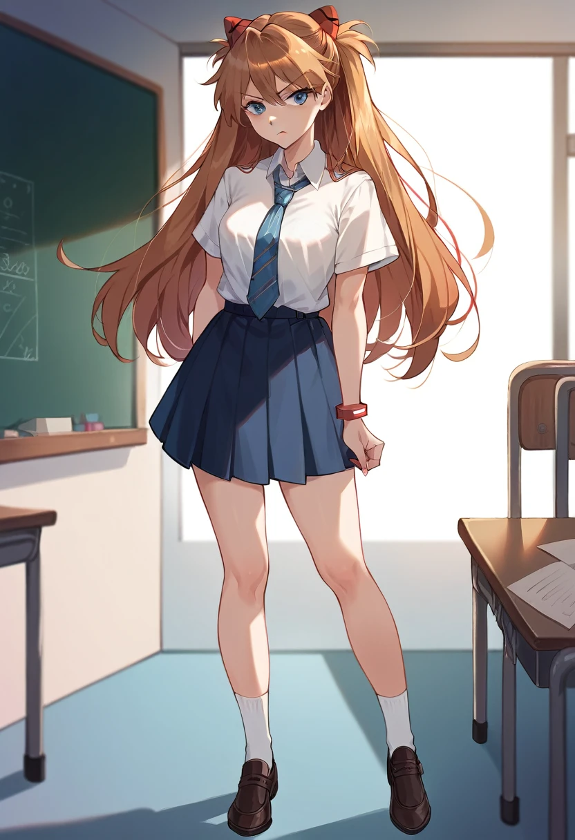 best quality, masterpiece, anime girl , young girl, 24 years old, thick legs , 1girl, bangs,long hair, serious face, perfect shot, perfect anatomy, souryuu_asuka_langley, skirt, classroom background, full body, solo girl, 4k, high resolution , detailed face, detailed eyes, standing, illustration, digital art