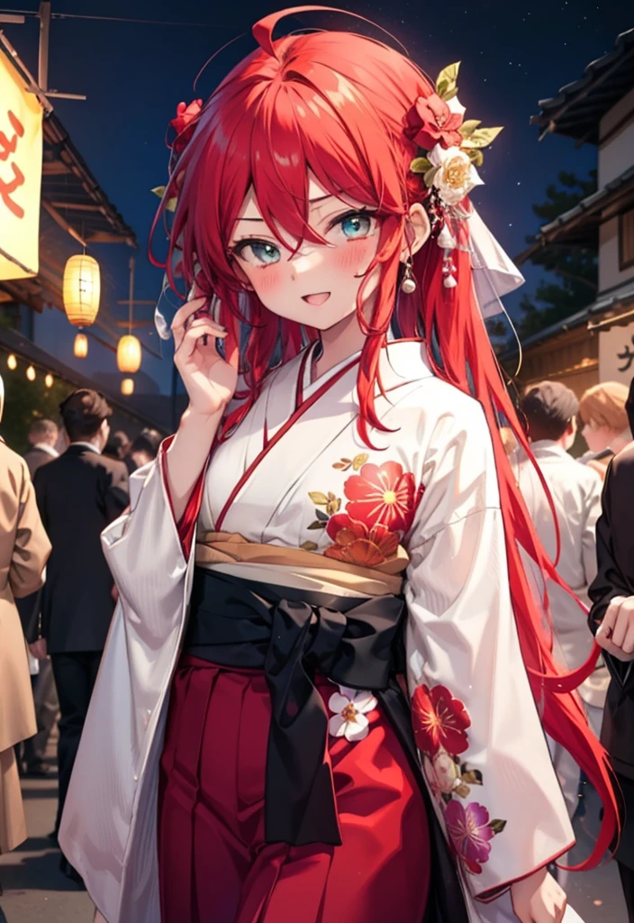 Shana,灼眼のShana,Long Hair, Red Hair,Red hair,Red eyes,Red eyes,Ahoge,smile,blush,Open your mouth,hair tied back,blush,Red Kimono,Thick sleeves,Red long skirt,日本のfestival,夏festivalの屋台,Red lantern,night,So that the whole body goes into the illustration,Walking,　　　　　　　　　　　  break looking at viewer, Upper Body (Cowboy Shot:1. 5),  　　　　　　　　　　　　　　　　　　break outdoors, shrine,festival, 　　　　　　　　　　　　　break (masterpiece:1.2), Highest quality, High resolution, unity 8k wallpaper, (shape:0.8), (Beautiful and beautiful eyes:1.6), Highly detailed face, Perfect lighting, Highly detailed CG, (Perfect hands, Perfect Anatomy),