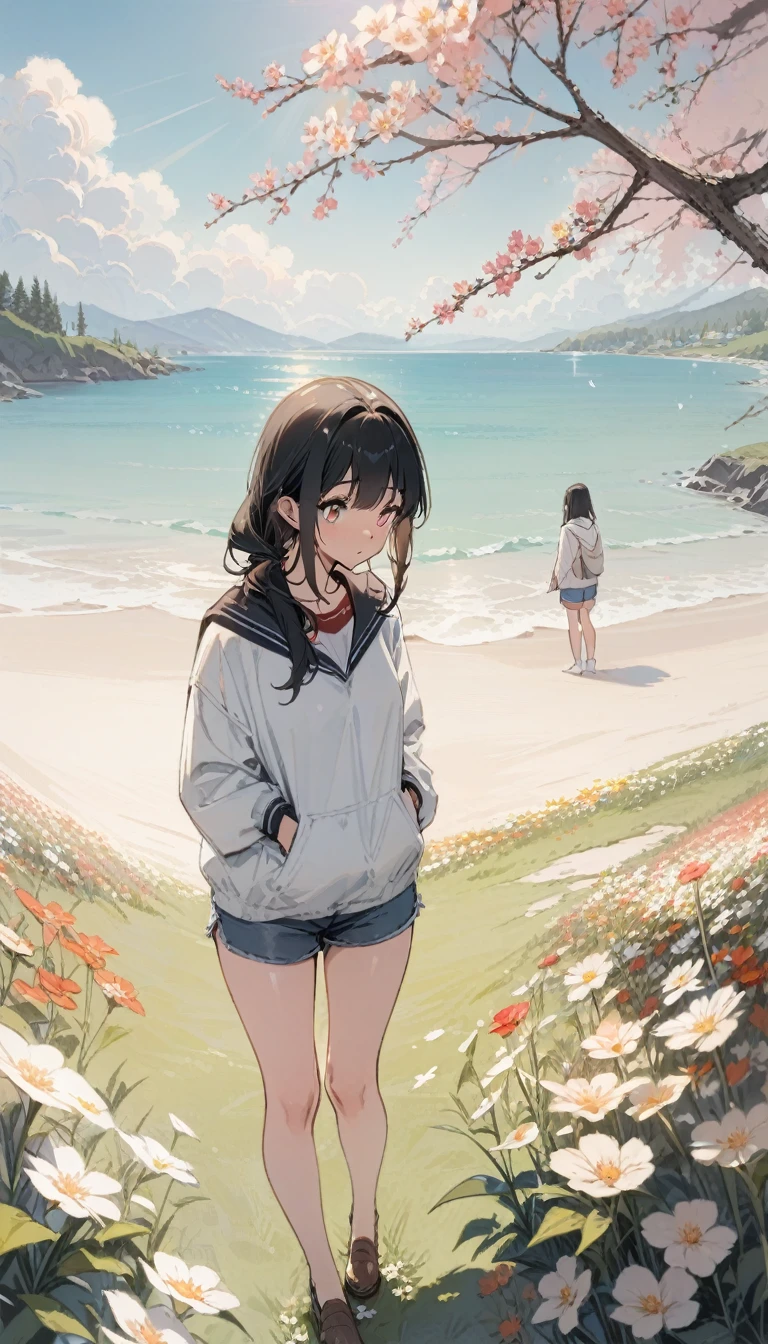 (masterpiece, Highest quality), A girl with long black hair is standing in a flower field, Warm spring sunshine, Blurred foreground, change, coastal, Shorts, Strange Eyes