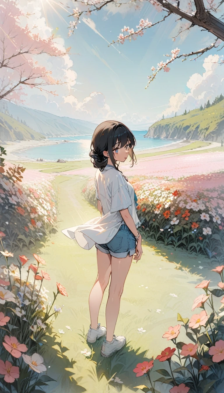 (masterpiece, Highest quality), A girl with long black hair is standing in a flower field, Warm spring sunshine, Blurred foreground, change, coastal, Shorts, Strange Eyes