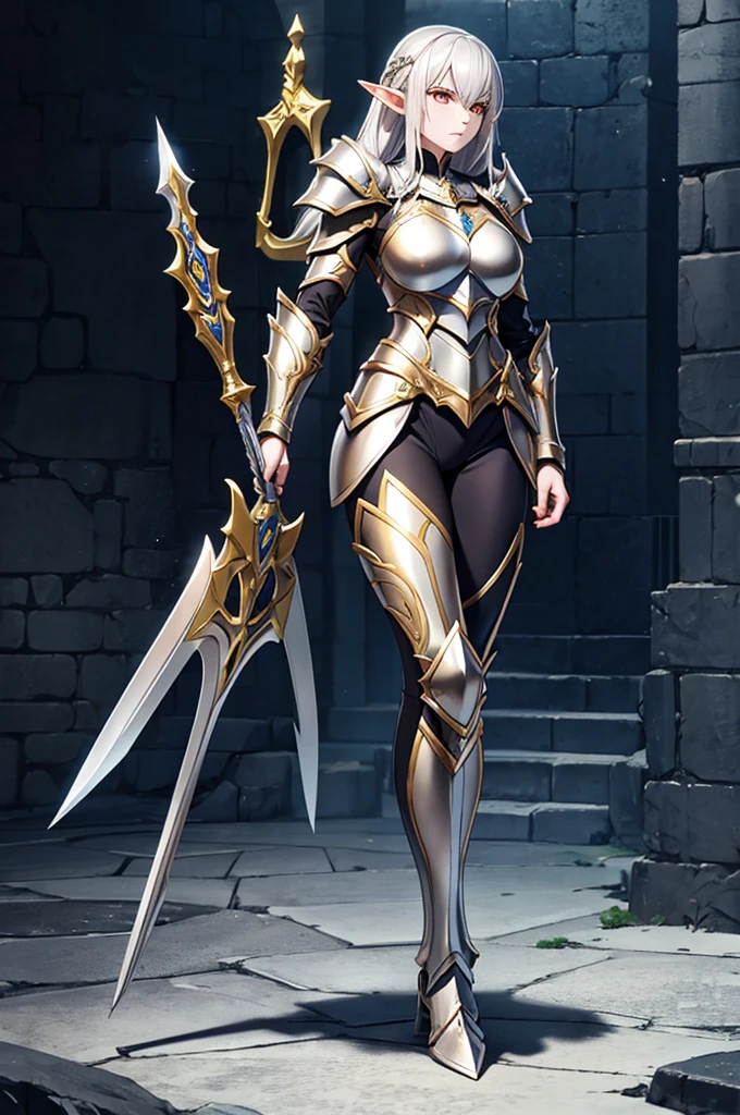 1 mujer , duende, Piel pálida, Cabello plateado, ojos dorados brillantes, cuerpo musculoso, cuerpo completo armor, cuerpo completo, fondo de mazmorra, cuerpo cerrado por armadura, sostener una lanza y un escudo