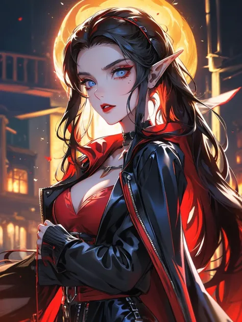 female elf, long black hair, blue eyes, black gothic choker, red jacket, black shirt, red lips, black makeup. A detailed eye. Ci...