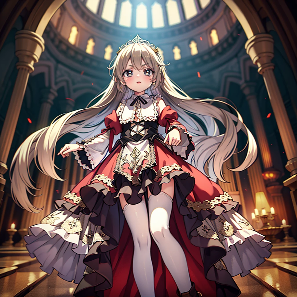 ８Cute Princess, Highest quality, Highest quality, Facial details, mysterious, Gorgeous long medieval dress in red and white, Gold and silver embroidery, Panniers, A full body drawing from head to toe, Silver Hair, Ancient Capital, Angle from below,skirt, White tights