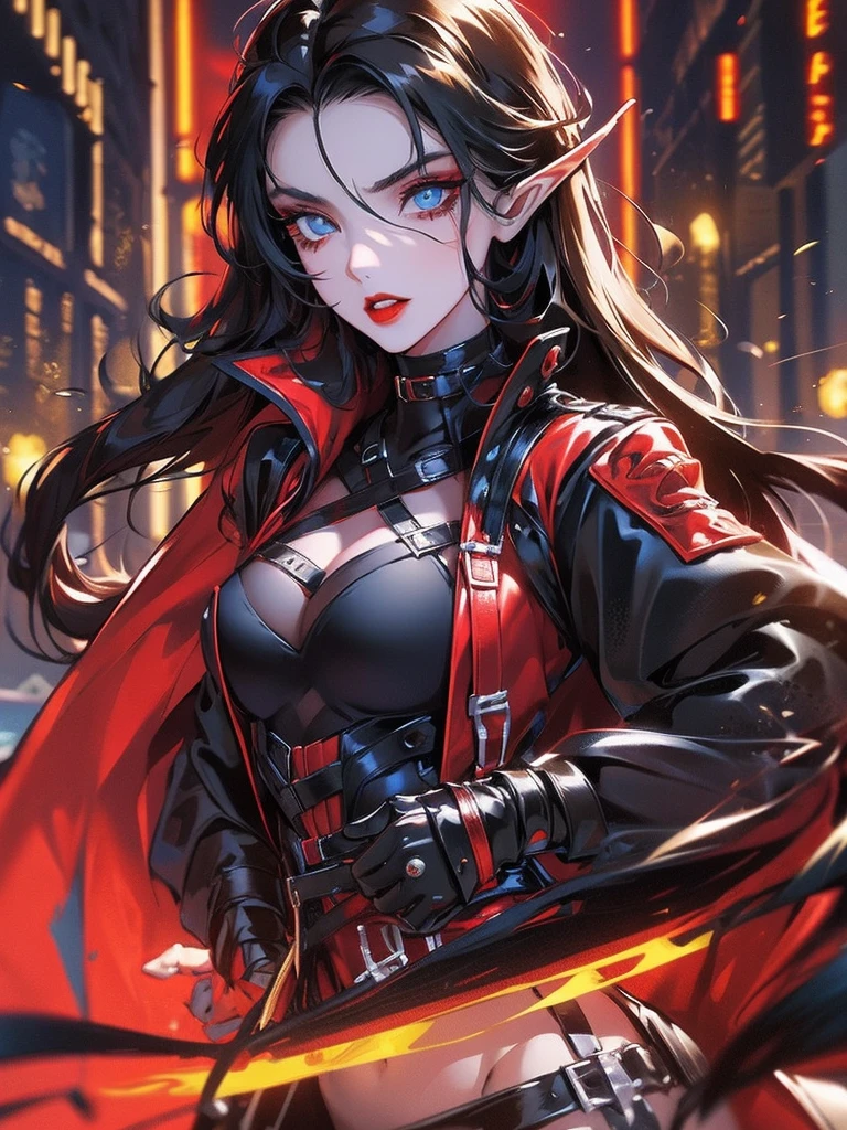 female elf, long black hair, blue eyes, black gothic choker, red jacket, black shirt, red lips, black makeup. A detailed eye. City at night background. full moon.