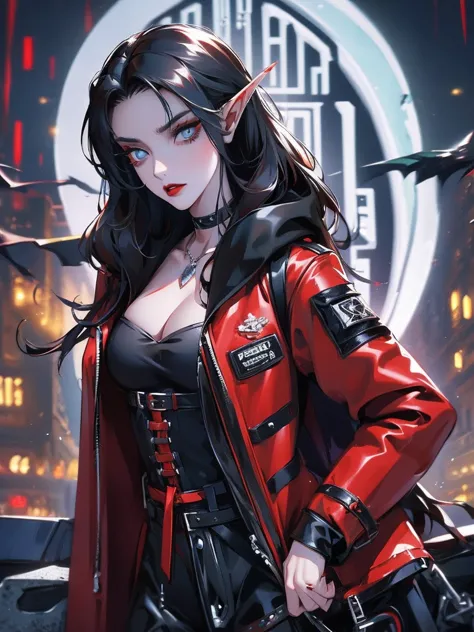 female elf, long black hair, blue eyes, black gothic choker, red jacket, black shirt, red lips, black makeup. A detailed eye. Ci...