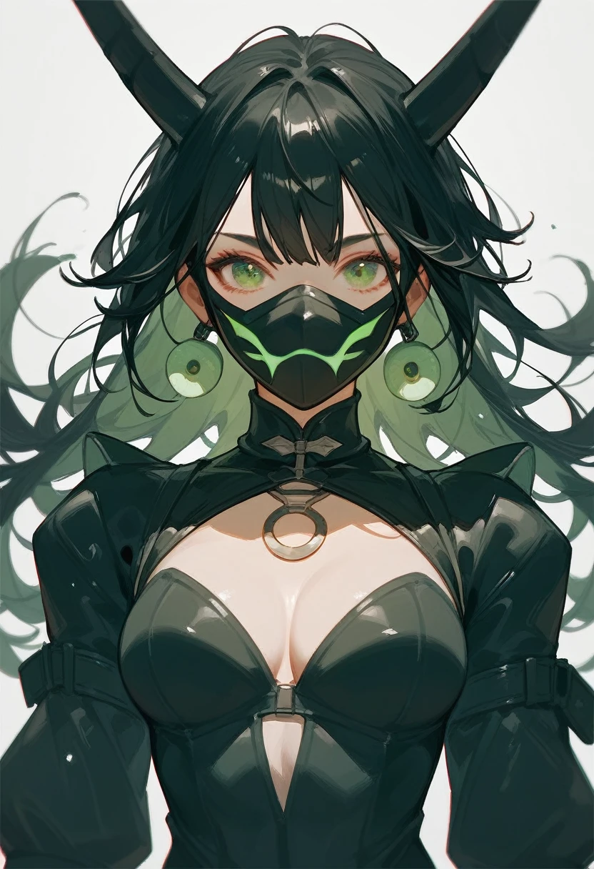 Girl, black hair, green eyes, wearing a mask