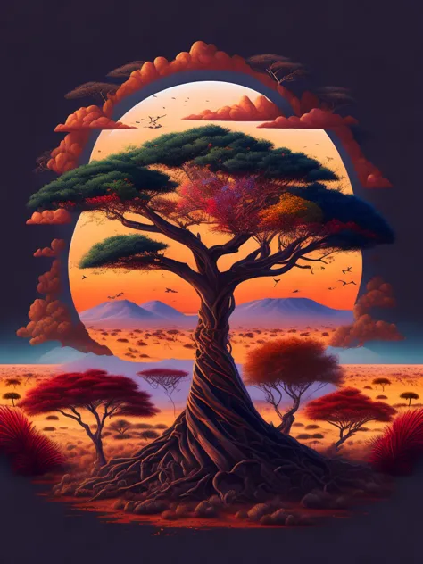 An African thorny tree in a picturesque savannah landscape, serving as a captivating t-shirt design with intricate details and v...