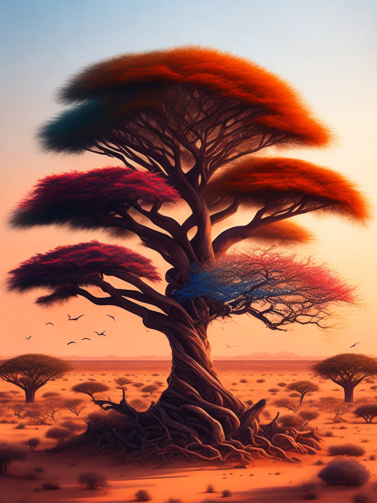 An African thorny tree in a picturesque savannah landscape, serving as a captivating t-shirt design with intricate details and vibrant colors, Inspired by @rzminjourney&#39;s captivating vector art.