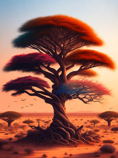 An African thorny tree in a picturesque savannah landscape, serving as a captivating t-shirt design with intricate details and v...