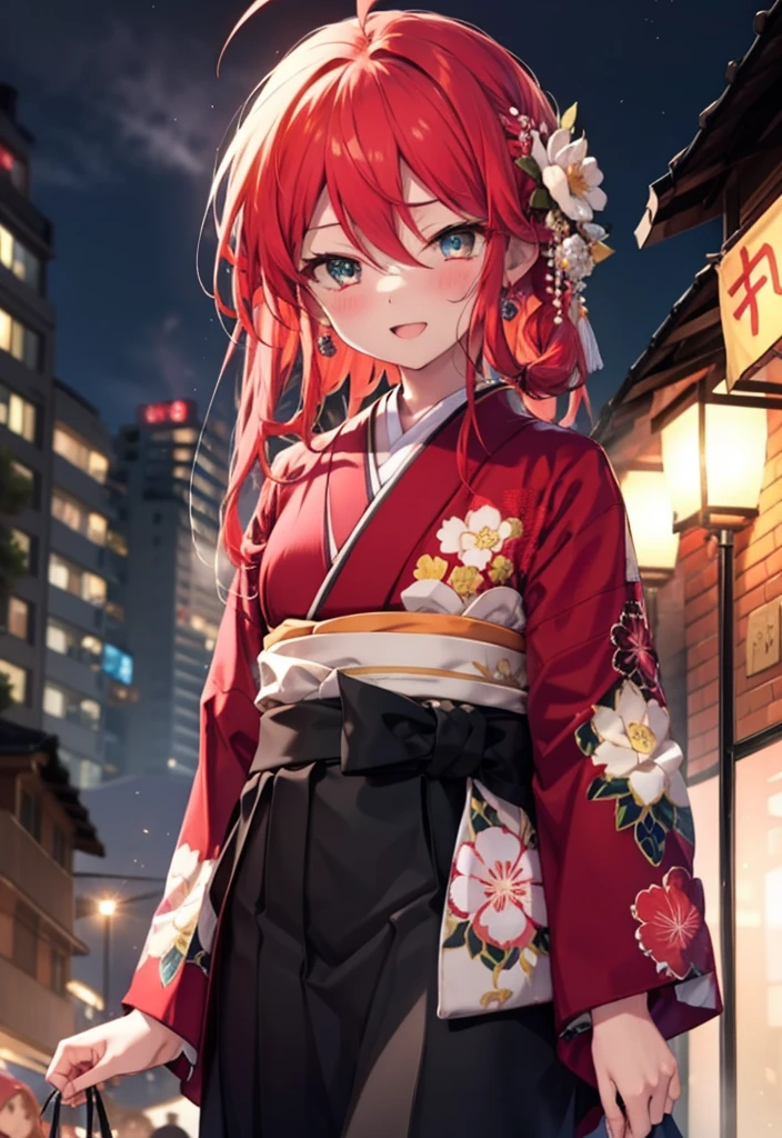 Shana,灼眼のShana,Long Hair, Red Hair,Red hair,Red eyes,Red eyes,Ahoge,smile,blush,Open your mouth,hair tied back,blush,Red Kimono,Thick sleeves,Red long skirt,日本のfestival,夏festivalの屋台,Red lantern,night,So that the whole body goes into the illustration,Walking,　　　　　　　　　　　  break looking at viewer, Upper Body (Cowboy Shot:1. 5),  　　　　　　　　　　　　　　　　　　break outdoors, shrine,festival, 　　　　　　　　　　　　　break (masterpiece:1.2), Highest quality, High resolution, unity 8k wallpaper, (shape:0.8), (Beautiful and beautiful eyes:1.6), Highly detailed face, Perfect lighting, Highly detailed CG, (Perfect hands, Perfect Anatomy),