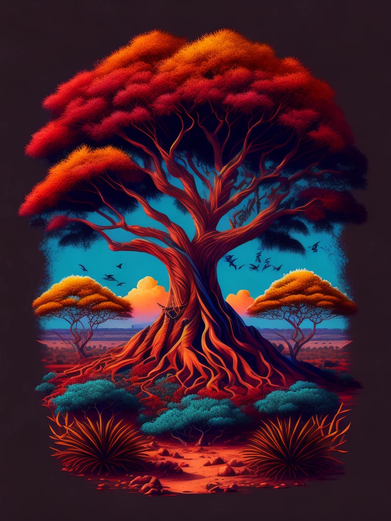 Uma camiseta com uma árvore espinhosa africana em uma paisagem pitoresca de savana, servindo como um design de camiseta cativante com detalhes intrincados e cores vibrantes, Inspirado por @rzminjornada&#39;Arte vetorial cativante.