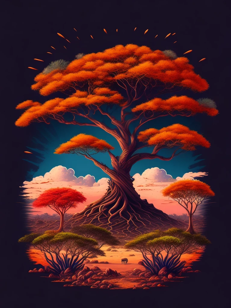 A t-shirt featuring an African thorny tree in a picturesque savannah landscape, serving as a captivating t-shirt design with intricate details and vibrant colors, Inspired by @rzminjourney&#39;s captivating vector art.