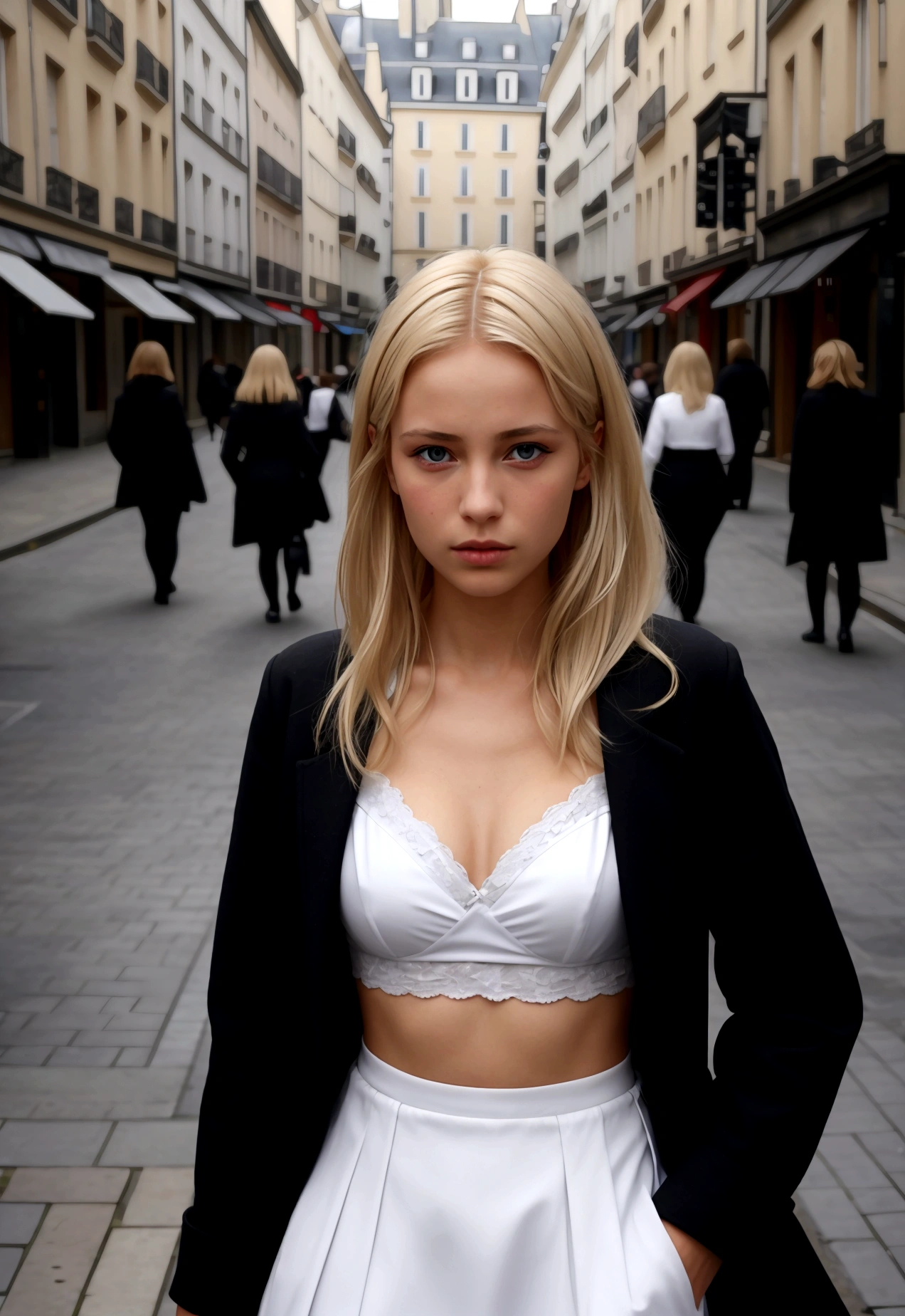Réalité et illusion　Jeune femme en vêtements formels dans la rue, un ton sombre sur la photo cheveux blonds